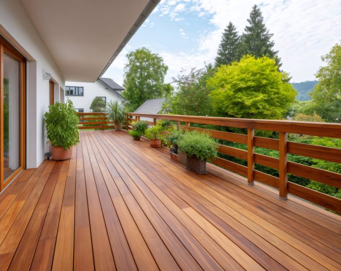 Potted plants decorating a large wooden terrace with railing overlooking trees and a beautiful garden